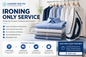 Professional Ironing Only Service with neatly pressed shirts and clothes ready for collection and delivery